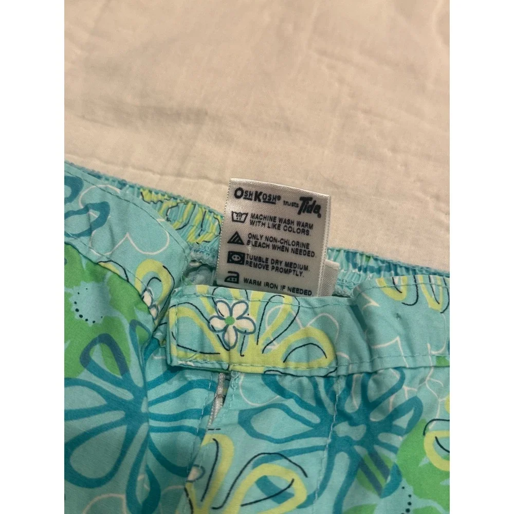 OshKosh Bgosh Kids Teal Floral Daisy Cotton Pants Size 5 Vintage Style Hook Loop